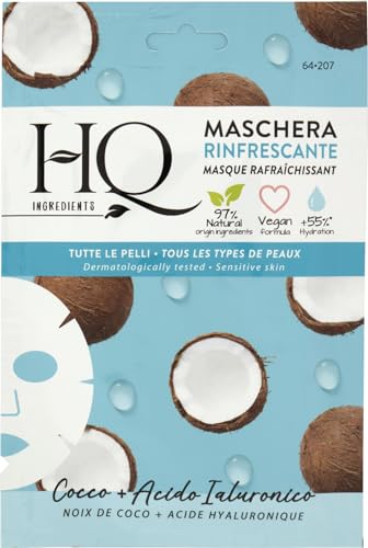 HQ Masque Tissu Rafraîchissant Visage Coco, Aloe Vera – Lot 2 – Acide Hyaluronique – Soin Hydratant Tous Types de Peaux – Formule Végane, Testée Dermatologiquement