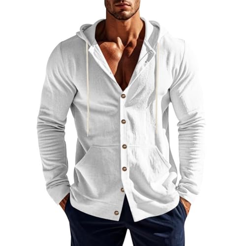 Mens Button Up Hoodies Lightweight Breathable Cotton Linen Hooded Shirts Sun Protection Long Sleeve Shirts