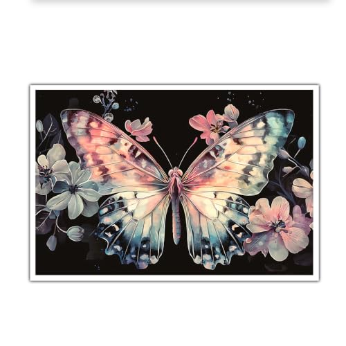 Cuadro de lienzo de mariposa con impresión floral y alas en degradado multicolor