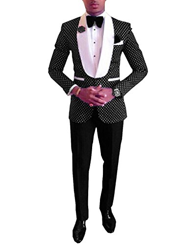 Mens Polka Dots Groom Bridegroom Shawl Lapel Tuxedos Wedding Prom Slim Fit Party Fashion 2PCS Suits Black