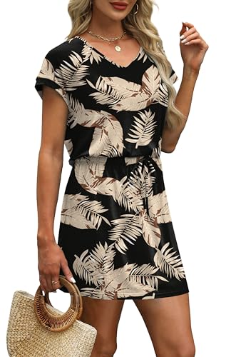 Image of OFEEFAN Summer Dresses for Women 2026 V Neck T Shirt Casual Mini Dresses Tie Waist Sundresses with Pockets
