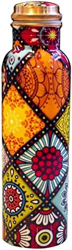 Earthistic Pure Copper Bottle and Glass Set, Ayurveda Health Benefits, Meena Floral Print (White Color)