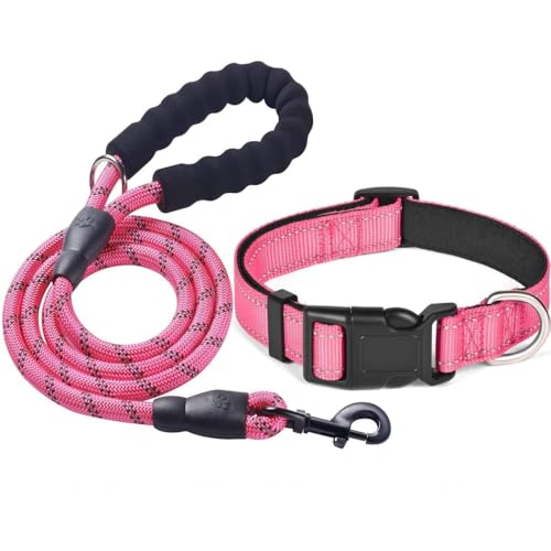 KOMUNJ Set collare e guinzaglio riflettente per cani, collare regolabile, guinzaglio in nylon resistente per cani di taglia media e grande,Rosa, m