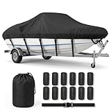 Heavy Duty 1200D Waterproof Boat Cover for 20-22ft Boats – Fits V-Hull, Tri-Hull, Bass Boat, Runabout & Fishing Boat, Anti-UV, Windproof Straps, Storage Bag Included(Black)