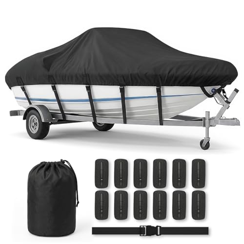 Heavy Duty 1200D Waterproof Boat Cover for 22-24ft Boats Fits V-Hull Tri-Hull Bass Boat Runabout & Fishing Boat Anti-UV Windproof Straps Storage Bag Included(Black)