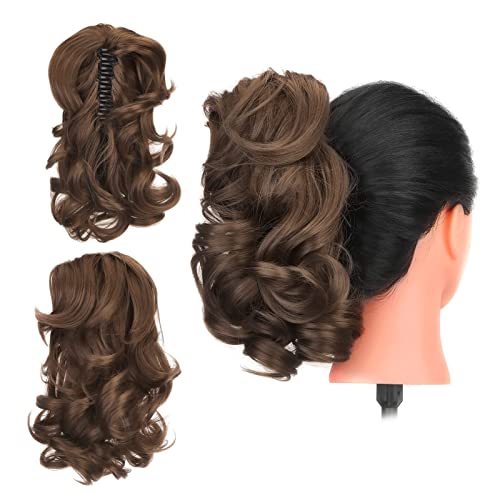 Gairyan 12" Clip in Ponytail Hair Extensions Curly Ponytail Extension Claw on Pony tails Wavy Synthetic Hairpieces for Women Real Look Short Wave (Dark Brown & Dark Auburn)