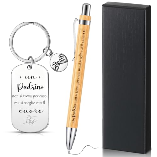 Nezyo Set Regalo Padrino Battesimo Portachiavi un Padrino Non Si Trova per Caso Penna a Sfera in Legno Bomboniere Cresima Idea Rregalo di Natale Battesimo Padria