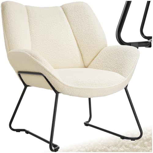 TecTake® Sillón de Bouclé Acolchado y Reclinable, Butaca Escandinava con Reposabrazos y Respaldo, Tapizado de Espuma de Alta Densidad, Estructura de Acero con Protección Antideslizante - Crema/Blanco