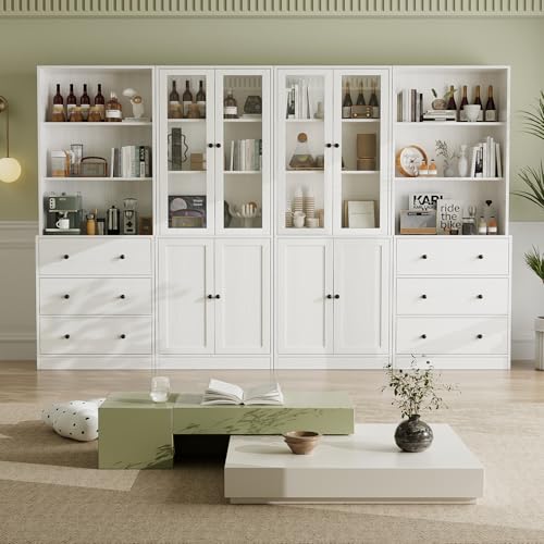 VOWNER Vitrine en Verre 180 cm Haute, Bibliothèque avec Portes en Verre, Étagère Haute sur 6 Niveaux, Bibliothèque Meuble de Rangement,Armoire Vitrine pour...