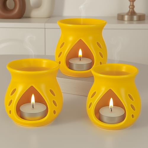 Image of Floryn Decor Ceramic Diffuser with Free 3 Tealight Candles | Home Fragrance, Spa, Office & Yoga | Aromatherapy Gift Set of 3 (Yellow)
