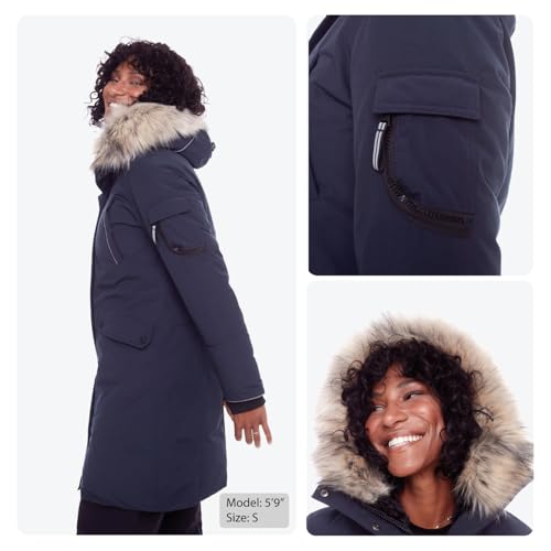 Alpine North Women's Vegan Down Long Parka Winter Jacket, Navy, Medium - Thumbnail 4
