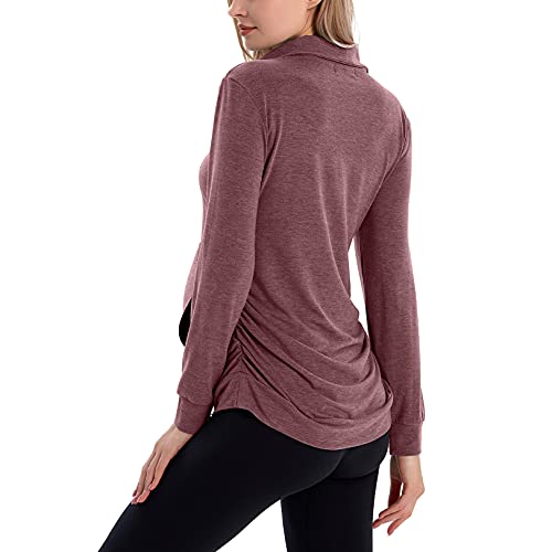 Ginkana Maternity Pullover Shirt Maternity Zipper Shirts Lapel Long Sleeve Casual Lightweight Pregnancy Tops With Pockets,Burgundy,M #TOP1
