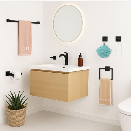 Twirobt 5-Piece Matte Black Bathroom Hardware Accessories Set - 16 Inch Stainless Steel Wall Mounted Towel Rack, Toilet Paper Holder, Towel Ring & 2 Hooks, Bathroom Organizer and Storage by TWIROBT - Image 2