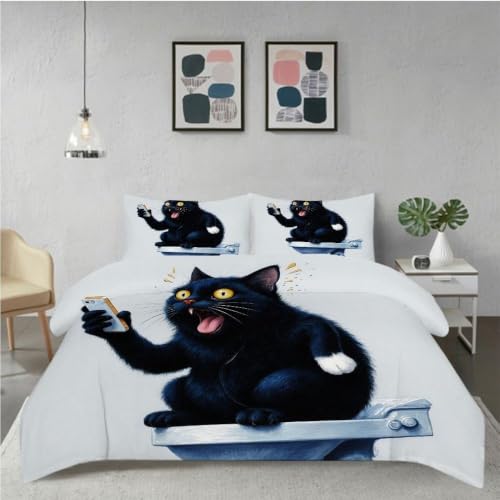 Housse de Couette Chat Noir 240x260 Microfibre pour Dormir Plus Confortablement