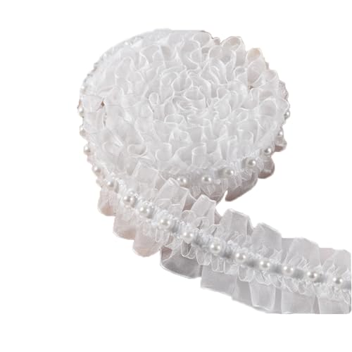 ArrErr Lace Ribbon Trim Organza 2 Yard 1.8 Meter White Pearl Beads Pleated String Satin Flower Leaf Ruffle Tulle Fabric Edge for DIY Wedding Dress Sewing Clothing Collar Curtain Crafts Costume Decor