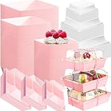 Tatuo 150 Sets Valentine Charcuterie Boxes with Clear Lids and Rope Square Cookie Pink Disposable Dessert Boxes for Valentine's Day Party, Sandwich, Dessert Containers, 3 Sizes