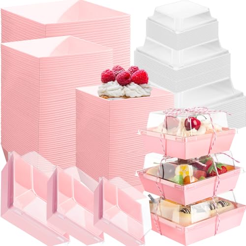 Tatuo 150 Sets Valentine Charcuterie Boxes with Clear Lids and Rope Square Cookie Pink Disposable Dessert Boxes for Valentine's Day Party, Sandwich, Dessert Containers, 3 Sizes