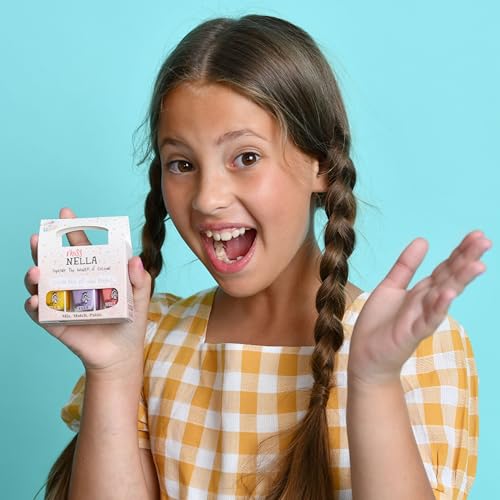 Miss Nella PIXIE DUST – Peel Off, bezzapachowy, na bazie wody i bezpieczny lakier do paznokci dla dzieci, 3 sztuki, brzoskwinia (brokat), fioletowy i żółty (błyszczący)
