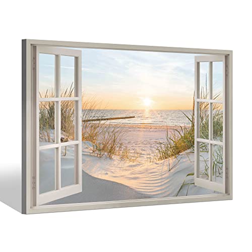 Beach Wall Art Canvas Picture: Modern Ocean Sunset Landscape Window View Painting Decor Living Room Bedroom Relaxing Coastal Sea Scene Nature Print Horizontal Contemporary Seascape Seaside Seashore Artwork For Home #TOP16