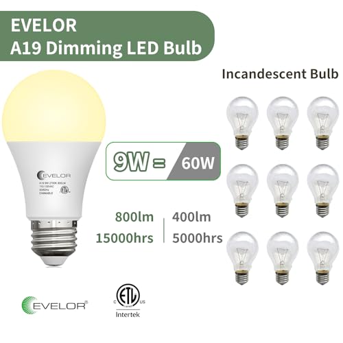 evelor 12-Packs A19 LED Light Bulbs,Soft White 2700K,Dimmable,E26 Base,9W - image 3
