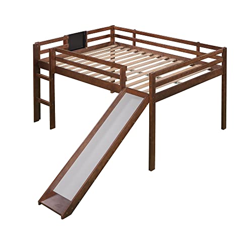 Eafurn Full Size Loft Bed With Slide, Kids Low Loft Bed With Chalkboard, Solid Wood Loft Bed Frame For Girls & Boys #TOP4