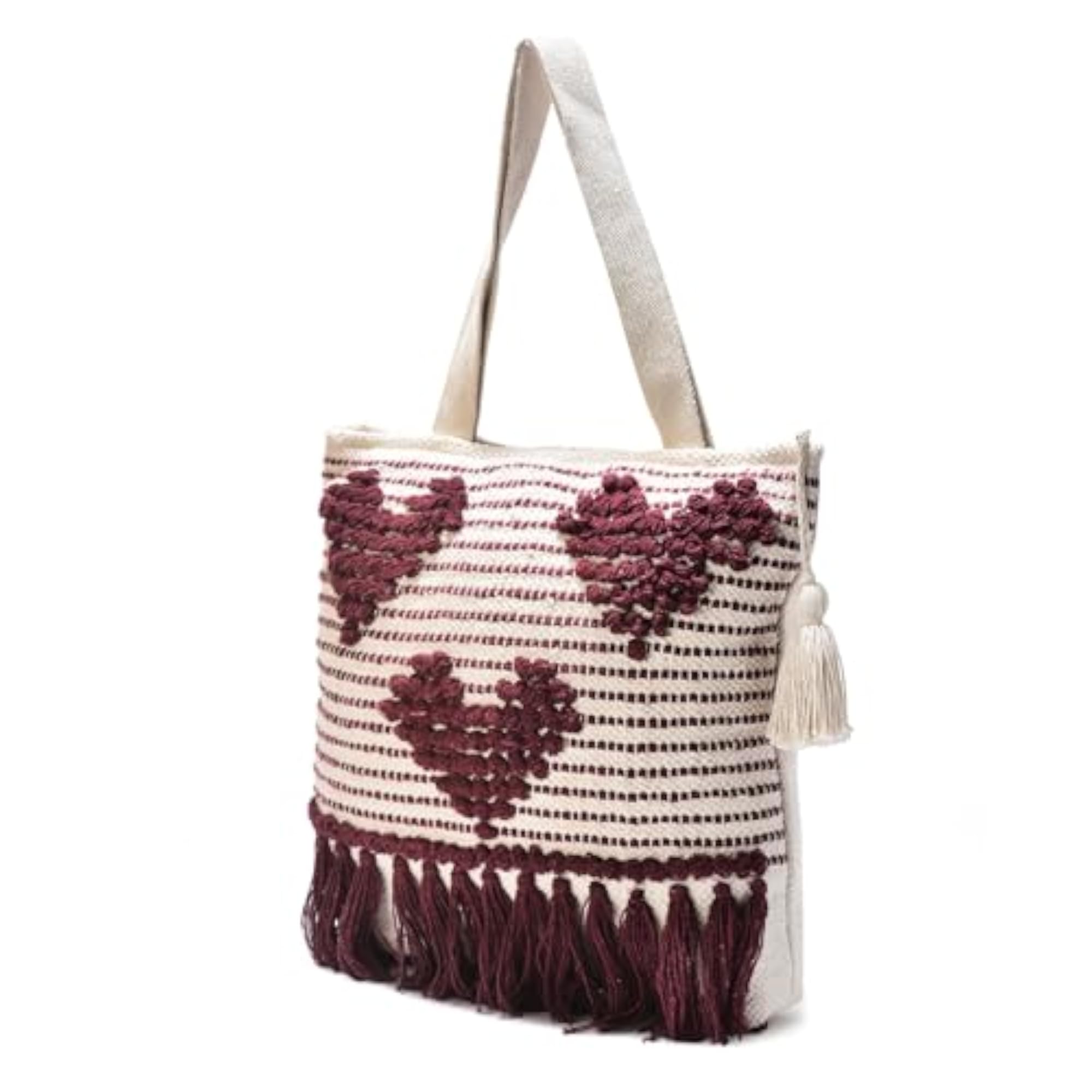 Women's Handcrafted Cotton Boho Tote Bag with Maroon Heart Tassels