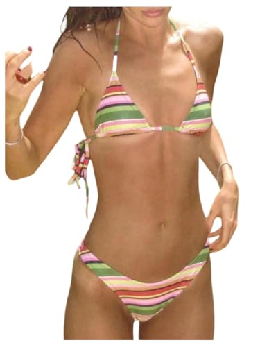 RoseSeek Womens 2 Piece Leopard Floral Bikini Sets Halter Triangle String Bathing Suit Starfish Metal Swimsuits Green Medium