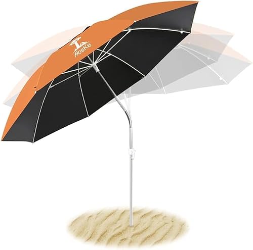 AosKe Beach Umbrella 6.5FT Portable - Patio Umbrella with Sand Anchor Tilt Vent - UPF50+ UV Protection with Carry Bag - Windproof Sunshade Shelter for Patio Garden Beach Pool Backyard (Tangerine)