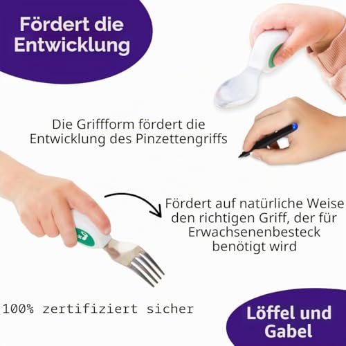 doddl 2-teiliges Löffel- und Gabelset - Kleinkinderbesteck in wenigen Minuten erlernen, Kleinkinderbesteck ab 1 Jahr, Baby-geleitete Abstillhilfen, Aqua