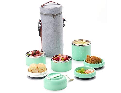 Worthbuy Stackable Bento Lunch Box Thermal Containers For Hot Food Stainless Steel Leakproof Food Storage Containers With Insulated Lunch Bag For Adult And Office (Green, 3-Layer) #TOP6