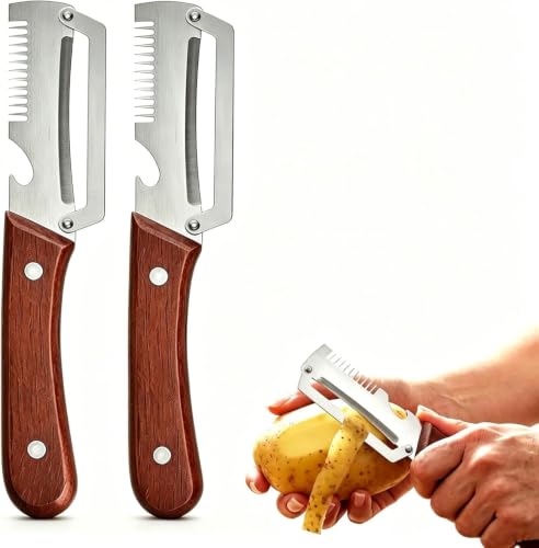 Premium Vegetable Peeler with Wooden Handle and Bottle Opener: 2-in-1 Stainless Steel Kitchen Tool for Fruit Apple Potato Pumpkin Papaya (2pcs) by Generic - Used condition - US$6.45