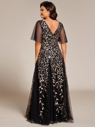 Image of Ever-Pretty Women's Sequin V Neck Plus Size Formal Dresses Evening Gown | Short Sleeve, A-Line, Empire Waist, Plus Size Mother of the Bride Dresses, Plus Size Gala Dress