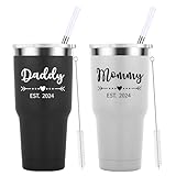 Daddy and Mommy Est 2024 Travel Mug 30oz Tumbler.New Parents Pregnancy Gifts.Fathers Mothers Anniversary Birthday Day Christmas Gifts for New Mom Dad.Parents to Be Baby Shower.(Black&White)