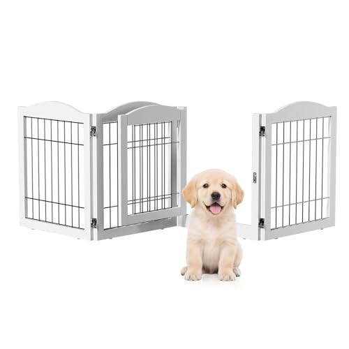 VINGLI Freestanding Dog Gate with Door Pet Gate with Walk Through Door Foldable Pet Safety Fence for Stairs Doorways Fireplace (24 H - 4 Panels)