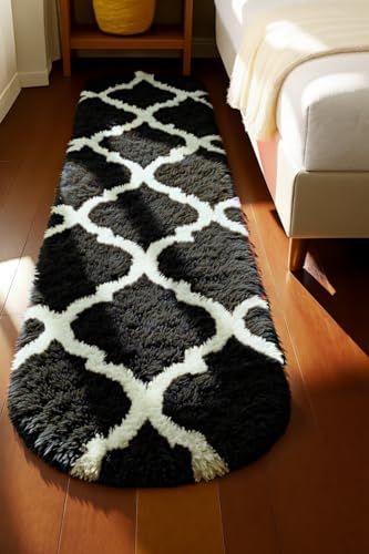 Image of Fluffy Silky Micro Fiber Polyster Carpet /Runner for Bedroom, Study Room, Playing Room, Guest Room ETC. 2x4 Feet, (Black and Ivory M II)