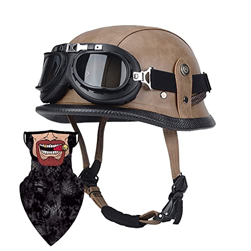Retro Alemán Estilo Cuero Moto Medio Casco Casco de protección de Cuero para Motocicleta con Gafas Cascos de Cara Abierta Vintage para Hombres ECE Homologado ( Color : P1 , Size : XXXL(63~65)CM ) Cover