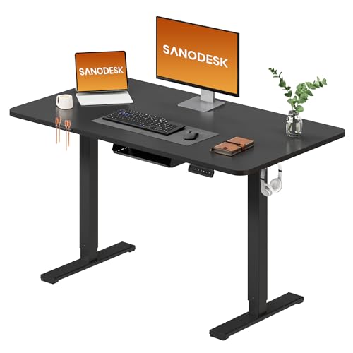 Image of SANODESK 120 x 60cm Electric Standing Desk ONE PIECE DESKTOP Height Adjustable Desk Sit Stand Desk Office Desk with Cable Management Tray and Memory Smart Pannel for Work (Black Frame+Black Desktop)