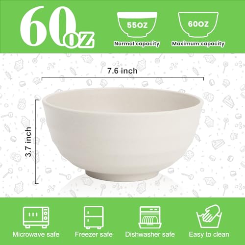 Image of Large Salad Bowl, Wheat Straw Bowls Set 60 OZ, Unbreakable Big Bowls Set of 6, Large Serving Bowls for Kitchen, Cereal, Ramen, Soup, Microwave & Dishwasher Safe, White