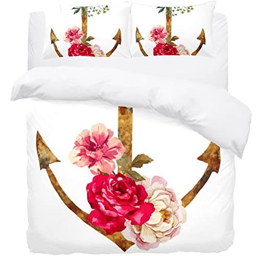 Parure de lit housse de couette ancre florale avec 2 taies d'oreiller douces - 2