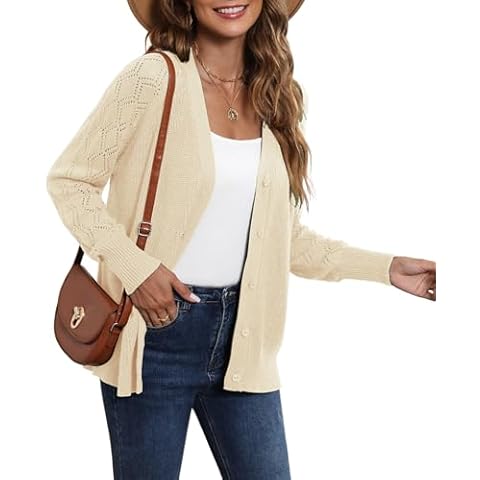 LILBETTER Women's Long Sleeve Button Down V Neck Classic Sweater Knit Cardigan(Beige Large) Cover