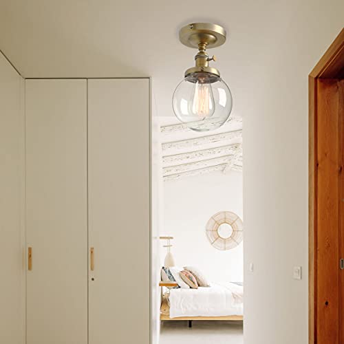 Pathson Industrial Brass Semi-Flush Mount Ceiling Light, Vintage Style Pendant Lighting, Glass Shade Hanging Light Fixtures For Laundry Room Living Room Cafe Bar #TOP5
