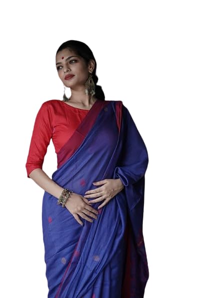 ZECVA Women's Kanjivaram Spun Linen Cotton Silk Saree With Attach Unstitch Blouse Piece