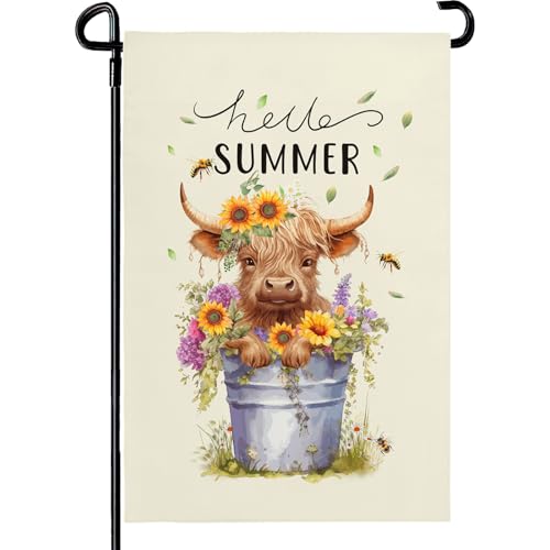 Dacawin Hello Summer Garden Flag Highland Cow Yard Flag Summer Sunflower Honey Bee Floral Garden Flags Farmhouse Rustic Green Leaf House Banner for Seasonal Double Sided 12x18 Inch Outdoor Decoration