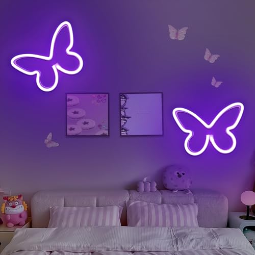 2 Pack Butterfly Neon Sign,neon signs for wall decor for Bedroom, USB/Battery Operated LED Light, Girls Room Decoration for Party, Birthday Gifts, Wedding, Holiday, Home Decor(Purple)