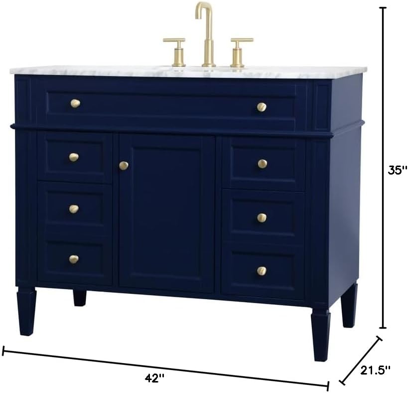 42 Single Bathroom Vanity, with Carrara White Marble Top Soft-Close, Blue