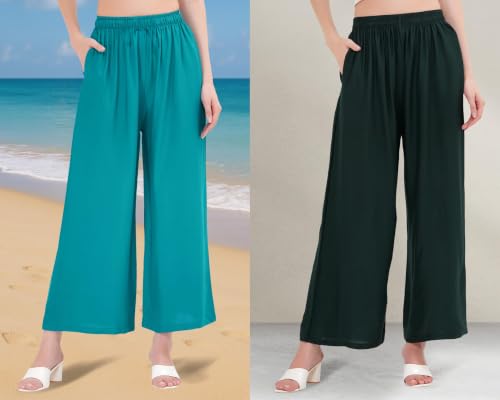 Image of Buy That Trendz Palazzo Pants for Women Rayon Elasticated Regular Fit Flared Wide Leg M to 6XL Pack of 2