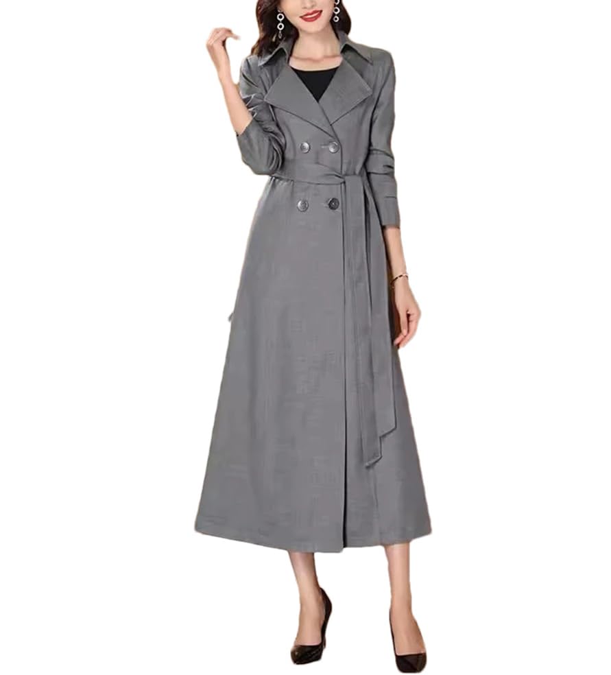 Suwequest Women Long Trench Coat Spring Autumn Fashion Casual Turn-Down Collar Double Breasted Lace-Up Slim Overcoat