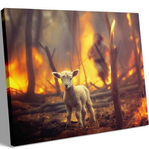 Image of Jesus and Lamb Canvas Wall Art Lamb Lost in the Forest Fire Picture Wall Art Canvas Print Christian Home Decor 12x16 inch