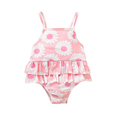 Kids Baby Girls Ruffled One Piece Swimsuits Sleeveless Strappy Beach Bathing Suit Girls Swimwear (Daisy Pink, 5-6T)