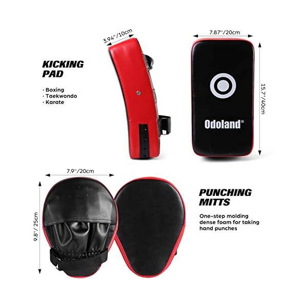 Odoland 7-in-1 Punching Mitts Kick Pack Set for Kids, Boxing Mitts Focus Pads, Punching Kicking Pad, Reflex Ball, Jumping Rope and Protect Sleeves, Great for Boxing, Kickboxing, Karate, Muay Thai